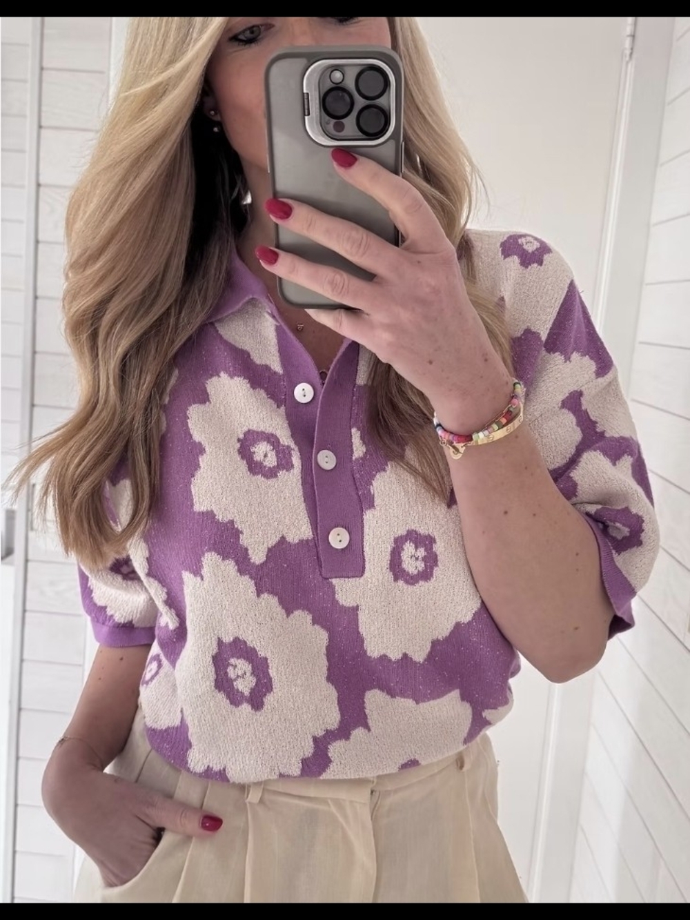 FRNCH Lavender and Cream Floral Knit Polo